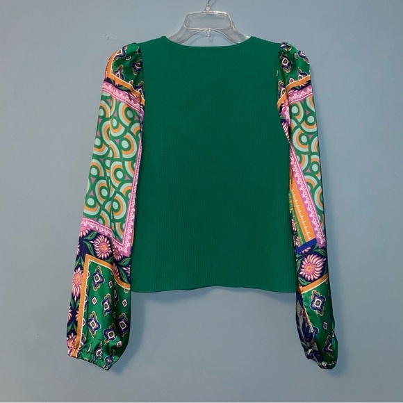 Bailey 44 Ribbed Puffy Patchwork Blouse Green Long-Sleeve Top Size Large - Picture 7 of 7